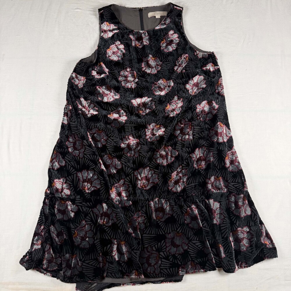LOFT Shift Dress Medium Black Floral Burnout Velvet